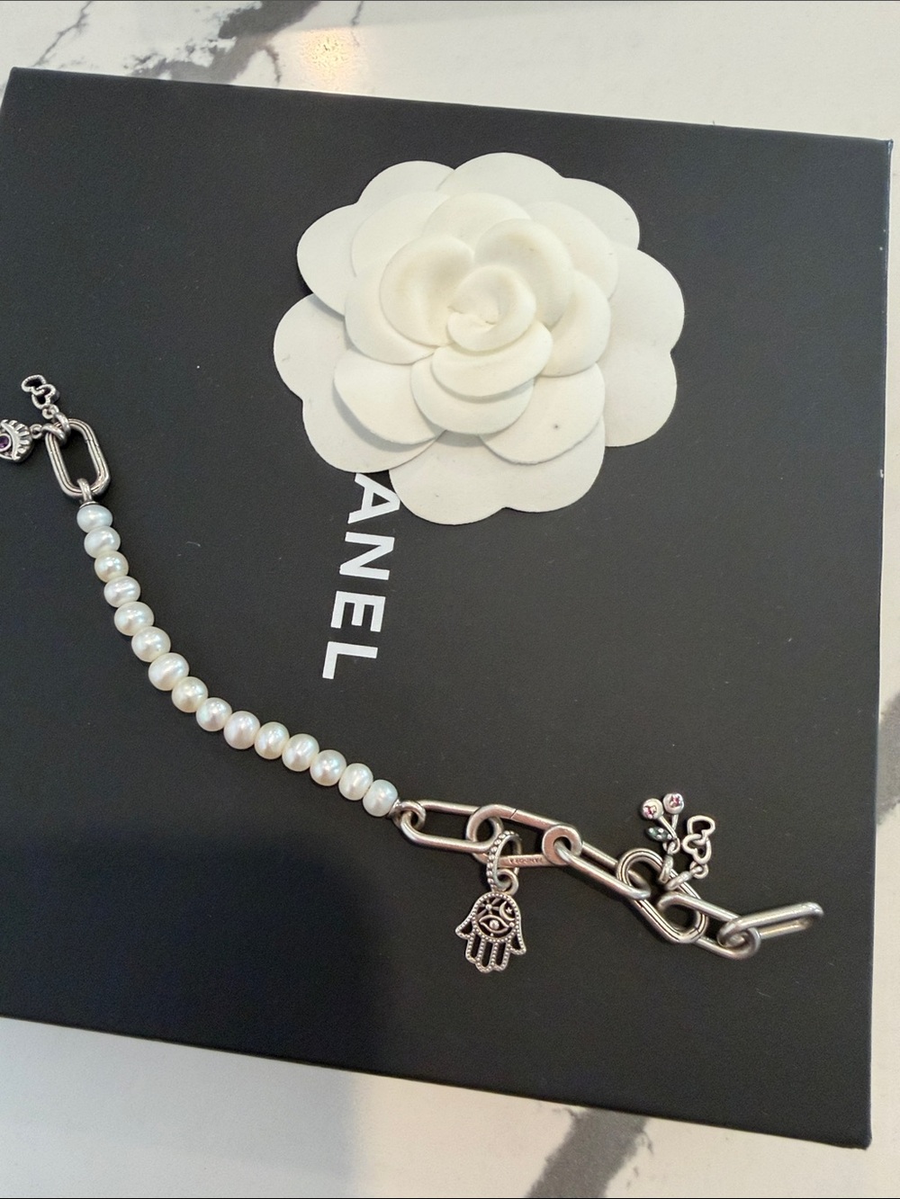 Pandora White Pearl and Silver Charm Bracelet